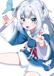 Rule 34 | 1girl, animal hood, blue eyes, blue hair, blue hoodie, blue nails, blush, commentary, drawstring, fins, fish tail, gawr gura, gawr gura (1st costume), grey hair, hair ornament, highres, hololive, hololive english, hood, hood down, hoodie, long hair, long sleeves, multicolored hair, nail polish, open mouth, shadow, shark girl, shark hair ornament, shark hood, shark tail, sharp teeth, simple background, sitting, sleeves past wrists, solo, streaked hair, tail, teeth, tosyeo, two side up, virtual youtuber, white background, wide sleeves