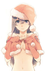Rule 34 | 1girl, bad id, bad pixiv id, black hair, breasts, capelet, christmas, cleavage, collarbone, elbow gloves, gloves, hat, katase waka, long hair, looking at viewer, midriff, navel, no bra, original, out-of-frame censoring, red gloves, santa costume, santa hat, simple background, small breasts, solo