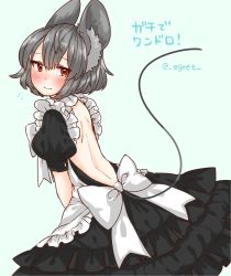 Rule 34 | 1girl, animal ears, apron, back, backless dress, backless outfit, bad id, bad twitter id, black dress, blush, dress, egret, frills, grey hair, highres, mouse (animal), mouse ears, mouse tail, nazrin, puffy short sleeves, puffy sleeves, red eyes, short sleeves, simple background, solo, tail, touhou
