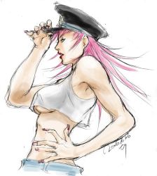 Rule 34 | 1girl, armpits, blue eyes, breasts, capcom, final fight, from side, hat, large breasts, lipstick, makeup, midriff, nail polish, peaked cap, pink hair, poison (final fight), sho-sk, solo, tank top, underboob, upper body, xiaoxia