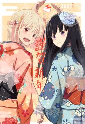 Rule 34 | 2023, 2girls, absurdres, arms up, back bow, black bow, black hair, blonde hair, blue kimono, blush, border, bow, chai haru, closed mouth, commentary request, cowboy shot, floral print, flower, furisode, hair flower, hair ornament, happy new year, highres, holding hands, inoue takina, japanese clothes, kimono, long hair, looking at viewer, looking back, lycoris recoil, multiple girls, new year, nishikigi chisato, obi, one side up, open mouth, orange kimono, purple hair, red bow, red eyes, sash, short hair, sidelocks, smile, teeth, translation request, upper teeth only, white border, yuri