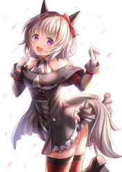 Rule 34 | 1girl, :d, animal ears, ass, bare shoulders, black footwear, black jacket, boots, collarbone, commentary request, curren chan (umamusume), dress, frilled jacket, frills, gloves, hands up, highres, horse ears, horse girl, horse tail, jacket, long sleeves, looking at viewer, off-shoulder jacket, off shoulder, open mouth, purple eyes, red thighhighs, shoe soles, silver hair, simple background, smile, solo, standing, standing on one leg, striped clothes, striped dress, tail, thighhighs, toshi (1-147), twisted torso, umamusume, vertical-striped clothes, vertical-striped dress, white background, white gloves