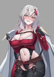 Rule 34 | absurdres, belt, belt pouch, black gloves, black leotard, blush, breasts, chaps, cleavage, clothing cutout, coat, coat on shoulders, cropped jacket, doga (artist), gloves, goddess of victory: nikke, grey background, grey hair, hair ornament, hairclip, highres, jacket, large breasts, leotard, long hair, looking at viewer, messy hair, midriff, navel, navel cutout, pouch, red jacket, scar, scar on stomach, sharp teeth, simple background, skindentation, stomach cutout, teeth, white coat, yellow eyes, yulha (nikke)