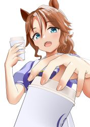 Rule 34 | 1girl, animal ears, ao komhur, blue eyes, brown hair, commentary request, cup, disposable cup, hair between eyes, highres, holding, holding cup, horse ears, horse girl, light blush, looking at viewer, medium hair, mejiro palmer (umamusume), multicolored hair, open mouth, pleated skirt, pov, puffy short sleeves, puffy sleeves, purple shirt, school uniform, shirt, short sleeves, simple background, skirt, smile, solo, streaked hair, summer uniform, teeth, tracen school uniform, umamusume, upper teeth only, white background, white hair, white skirt