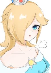 Rule 34 | 1girl, bare shoulders, blonde hair, blue eyes, closed mouth, crown, earrings, hair over one eye, highres, jewelry, looking at viewer, mario (series), nintendo, rosalina, short hair, simple background, solo, star (symbol), star earrings, super mario galaxy, upper body, user rjws2788, white background