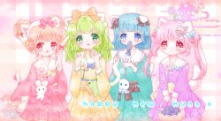Rule 34 | 4girls, absurdres, animal ears, basket, blue eyes, blue hair, blunt bangs, bow, braid, cat ears, cat tail, commentary request, double bun, fish, green eyes, green hair, hair bow, hair bun, hair ribbon, headband, highres, jewelry, mouth hold, multiple girls, obi, original, paw pose, paw print, pink eyes, pink hair, ribbon, ring, sash, short hair, song name, sparkling eyes, standing, star (symbol), stuffed animal, stuffed frog, stuffed rabbit, stuffed toy, tail, teruterubouzu, twintails, umina kurumi