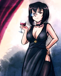 Rule 34 | 10s, 1girl, 2sword, alcohol, breasts, brown eyes, brown hair, choker, cup, drinking glass, garter straps, girls und panzer, glass, glasses, hand on own hip, kawashima momo, lace, lace-trimmed legwear, lace trim, large breasts, monocle, red eyes, short hair, side slit, solo, thighhighs, wine, wine glass