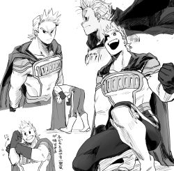 Rule 34 | 1boy, angry, bent over, bodysuit, boku no hero academia, boots, cape, closed mouth, gloves, grey background, greyscale, grin, hada (minhw215), knee boots, kneeling, male focus, monochrome, muscular, muscular male, quiff, simple background, smile, togata mirio, visor, white background