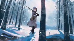 Rule 34 | 1girl, black footwear, black gloves, blonde hair, blue eyes, blush, boots, breath, day, forest, gloves, gun, holding, holding gun, holding weapon, hood, hood up, long sleeves, looking at viewer, looking back, nature, original, outdoors, over shoulder, rifle, snow, snowing, solo, tree, treeware, walking, weapon, weapon over shoulder, winter