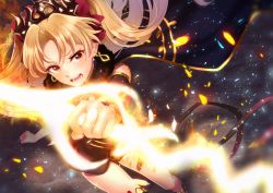 Rule 34 | 1girl, anklet, asymmetrical legwear, asymmetrical sleeves, bad id, bad pixiv id, black cape, blonde hair, blush, cape, commentary request, detached sleeves, earrings, embers, ereshkigal (fate), fate/grand order, fate (series), fur-trimmed cape, fur trim, glowing, glowing weapon, hair ribbon, holding, holding weapon, infinity symbol, jewelry, kurono kito, light particles, long hair, looking at viewer, open mouth, parted bangs, red eyes, red ribbon, ribbon, single detached sleeve, single sleeve, single thighhigh, solo, thighhighs, tiara, tohsaka rin, two side up, uneven legwear, uneven sleeves, weapon