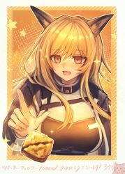 Rule 34 | 1girl, 3 (sanyako1), animal ear fluff, animal ears, arknights, black jacket, blonde hair, breasts, ceobe (arknights), commentary request, cropped torso, dog ears, drooling, fang, food, hair between eyes, highres, jacket, long hair, long sleeves, medium breasts, open mouth, polka dot, polka dot background, puffy long sleeves, puffy sleeves, red eyes, saliva, solo, sparkle, star (symbol), translation request, upper body