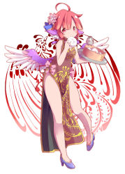 Rule 34 | 1girl, ahoge, alternate costume, animal ears, bare arms, bare legs, bare shoulders, bird, bird wings, blush, china dress, chinese clothes, dress, eating, flower, food, full body, giwa, hair flower, hair ornament, high heels, highres, mystia lorelei, pigeon-toed, red eyes, red hair, side slit, sleeveless, sleeveless dress, solo, sparrow, touhou, tray, white background, wide sleeves, wings