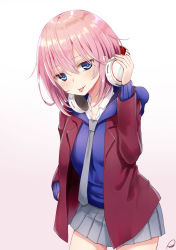Rule 34 | 1girl, :p, arm up, blazer, blue eyes, blue hoodie, blush, citrus (saburouta), closed mouth, collared shirt, commentary request, gradient background, grey necktie, grey skirt, hair between eyes, hand on headphones, headphones, headphones around neck, highres, hood, hood down, hoodie, jacket, long sleeves, looking at viewer, mizusawa matsuri, necktie, open clothes, open jacket, pink background, pink hair, piripun, pleated skirt, red jacket, shirt, signature, skirt, sleeves past wrists, smile, solo, tongue, tongue out, white background, white shirt
