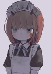Rule 34 | 1girl, apron, bad id, bad twitter id, black dress, blood, blood splatter, blue eyes, blue ribbon, blunt bangs, brown hair, child, closed mouth, dress, grey background, horns, looking at viewer, maid, maid apron, maid headdress, migihidari (puwako), neck ribbon, original, pointy ears, ribbon, simple background, solo, upper body, white apron