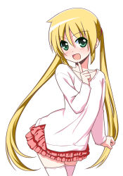 Rule 34 | 1girl, blonde hair, blouse, blush, commentary request, finger to mouth, green eyes, hair between eyes, hair ribbon, hata kenjirou, hayate no gotoku!, long hair, looking at viewer, open mouth, ribbon, sanzen&#039;in nagi, shirt, simple background, solo, standing, thighhighs, twintails, very long hair, white background, white shirt, white thighhighs