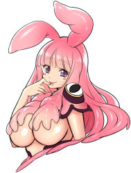 Rule 34 | 1girl, :p, absurdres, animal ears, blush stickers, breasts, finger to mouth, highres, kosumo, large breasts, long hair, looking at viewer, melona (queen&#039;s blade), melona (queen's blade), pink hair, prehensile hair, protean assassin melona, purple eyes, queen&#039;s blade, rabbit ears, shiny skin, smile, solo, symbol-shaped pupils, tongue, tongue out, upper body, white background