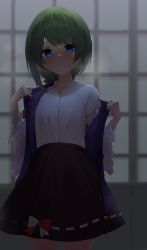 Rule 34 | 1girl, asymmetrical hair, black skirt, blue eyes, blue vest, blurry, blurry background, blush, breasts, breath, buttons, closed mouth, commentary request, cowboy shot, dark, eyes visible through hair, frills, green hair, hair between eyes, highres, indoors, juliet sleeves, kanpa (campagne 9), light smile, long sleeves, looking at viewer, puffy sleeves, shiki eiki, shirt, short hair, skirt, small breasts, solo, standing, touhou, undressing, vest, white shirt, wide sleeves