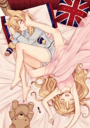 Rule 34 | 2girls, :t, animal ears, arms up, azur lane, bad id, bad pixiv id, barefoot, bed, blonde hair, blush, closed mouth, cushion, english text, feet, foot on another&#039;s face, foot on head, from above, hair between eyes, lingerie, long hair, long sleeves, lying, multiple girls, negligee, on back, on bed, on side, open mouth, pajamas, pillow, queen elizabeth (azur lane), sidelocks, sleeping, spread legs, stuffed animal, stuffed toy, teddy bear, tsukigami runa, underwear, union jack, upside-down, very long hair, warspite (azur lane)