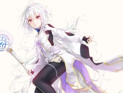 Rule 34 | 1girl, fate/grand order, fate/grand order arcade, fate/prototype, fate (series), funyariko, holding, holding staff, long hair, looking at viewer, merlin (fate/prototype), merlin (fate/prototype) (second ascension), red eyes, robe, simple background, solo, staff, white hair, white robe