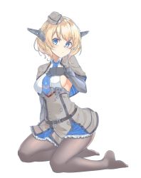 Rule 34 | 1girl, belt, black pantyhose, blue eyes, blue necktie, blush, braid, breasts, capelet, colorado (kancolle), full body, garrison cap, gloves, hand on own chest, hat, headgear, kantai collection, kneeling, medium breasts, necktie, no shoes, pantyhose, short hair, sideboob, simple background, skirt, solo, tiasis, white background