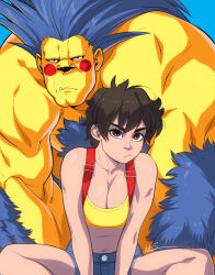 Rule 34 | 1boy, 1girl, alternate costume, blanka, breasts, brown hair, cleavage, closed mouth, colored skin, commentary, commission, cosplay, creatures (company), crop top, denim, denim shorts, duplicate, english commentary, exmile, game freak, gen 1 pokemon, indian style, kasugano sakura, looking at viewer, medium breasts, misty (pokemon), misty (pokemon) (cosplay), navel, nintendo, pikachu, pikachu (cosplay), pixel-perfect duplicate, pokemon, pokemon (anime), pokemon (classic anime), short hair, shorts, sitting, street fighter, suspenders, tank top, yellow skin, yellow tank top