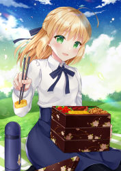 Rule 34 | 1girl, :d, ahoge, artoria pendragon (all), artoria pendragon (fate), bento, blonde hair, blue ribbon, blue skirt, blue sky, bottle, chopsticks, cloud, cloudy sky, collared shirt, commentary request, day, fate/grand order, fate (series), floral print, food, grass, green eyes, hair ribbon, half updo, high-waist skirt, holding, long hair, long sleeves, looking at viewer, naomi (fantasia), neck ribbon, open mouth, outdoors, ribbon, saber (fate), shirt, sitting, skirt, sky, smile, solo, star (sky), starry sky, white shirt