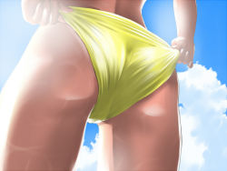 Rule 34 | 1girl, ass, ass focus, bad id, bad pixiv id, bikini, close-up, cloud, day, funaba, hitori (htr t), sky, solo, swimsuit, wet, yellow bikini