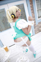 Rule 34 | 1girl, asian, ass, blonde hair, breasts, brown eyes, butt crack, chouzuki maryou, cleavage, cosplay, dirndl, garden, german clothes, headphones, highres, jewelry, large breasts, necklace, nitroplus, photo (medium), plump, short hair, solo, star (symbol), super pochaco, super pochaco (cosplay), thighhighs