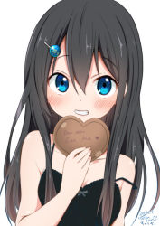Rule 34 | 1girl, 2017, :3, artist name, black hair, blue eyes, blush, breasts, camisole, candy, cat, chocolate, chocolate heart, collarbone, copyright name, dated, english text, food, grin, hair between eyes, hair ornament, hairclip, hand up, heart, holding, holding food, long hair, looking at viewer, medium breasts, ragho no erika, signature, simple background, smile, solo, strap slip, sukurizo!, teeth, tsubakiyama sou, upper body, white background