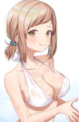 Rule 34 | 1girl, bad id, bad pixiv id, bare shoulders, bikini, breasts, brown eyes, collarbone, commentary request, hair ornament, hair scrunchie, halterneck, highres, idolmaster, idolmaster shiny colors, large breasts, light brown hair, looking at viewer, low ponytail, medium hair, mole, mole on breast, sakuragi mano, scrunchie, sidelocks, solo, swimsuit, tamayume, upper body, wet, white background, white bikini