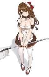 Rule 34 | 1girl, blush, bow, breasts, brown dress, brown eyes, brown footwear, brown hair, cleavage, closed mouth, commentary request, dress, full body, hair bow, highres, holding, holding mop, idolmaster, idolmaster cinderella girls, long hair, looking at viewer, medium breasts, mop, one side up, pink bow, red bow, saya endo (27), shimamura uzuki, shoes, simple background, smile, solo, standing, thighhighs, white background, white thighhighs