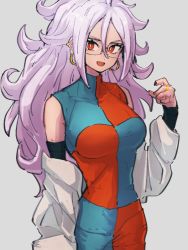 Rule 34 | 1girl, android 21, dragon ball, dragon ball fighterz, grey background, kemachiku, majin android 21, open mouth, simple background, smile, solo