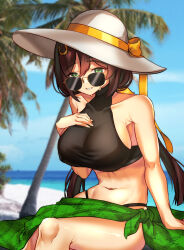 Rule 34 | 1girl, absurdres, alternate costume, bare shoulders, beach, bikini, black bikini, blurry, blurry background, breasts, brown hair, commentary request, green eyes, grin, hand on own chest, hat, hayakawa tazuna, highres, large breasts, long hair, looking at viewer, navel, ocean, outdoors, sand, sarong, sitting, smile, solo, sun hat, sunglasses, sweat, swimsuit, tomoru (tomanvil 3), umamusume, water, white hat