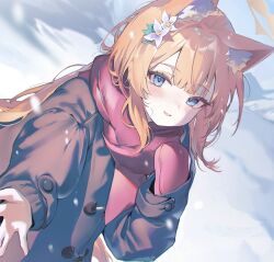 Rule 34 | 1girl, alternate costume, animal ear fluff, animal ears, blue archive, blue eyes, brown coat, coat, double-parted bangs, fox ears, fox girl, gloves, hair between eyes, halo, highres, hisiya (wldn1112), looking at viewer, mari (blue archive), mittens, open mouth, orange hair, reaching, reaching towards viewer, red gloves, red scarf, scarf, single glove, smile, solo, upper body, winter clothes, winter coat, yellow halo