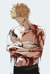 Rule 34 | 1boy, animal, blonde hair, blood, blood drip, blood on arm, blood on face, cat, chainsaw man, cowboy shot, denji (chainsaw man), highres, holding, holding animal, holding cat, inuo (inuo x), looking at animal, looking at another, male focus, short hair, smile, solo, topless male, white background, yellow eyes