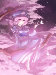 Rule 34 | 1girl, barefoot, bug, butterfly, cherry blossoms, ecens, female focus, ghost, hat, highres, in tree, bug, japanese clothes, obi, petals, pink eyes, pink hair, saigyouji yuyuko, sash, sitting, sitting in tree, solo, touhou, tree, triangular headpiece
