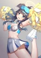Rule 34 | 1girl, absurdres, animal ears, armpits, bare shoulders, black hair, blue archive, blue eyes, blush, breasts, cheerleader, crop top, dog ears, eyewear on head, foreshortening, goggles, goggles on head, grey background, halo, hibiki (blue archive), hibiki (cheer squad) (blue archive), highres, looking at viewer, medium breasts, midriff, millennium cheerleader outfit (blue archive), miniskirt, navel, official alternate costume, okayusonmu, open mouth, pom pom (cheerleading), pom pom (clothes), skirt, solo, sunglasses, thighs
