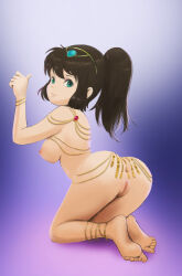 Rule 34 | 1girl, absurdres, anklet, anus, arched back, ass, barefoot, belly chain, bracelet, breasts, brown hair, censored, cleft of venus, closed mouth, dancer, feet, female focus, from behind, fukune atsuko, full body, green eyes, hairband, highres, jewelry, kneeling, large breasts, looking at viewer, looking back, medium hair, mosaic censoring, mugen shinshi, nipples, nude, pussy, sideboob, sidelocks, smile, soles, solo, storm92, thighs, thumbs up, toes