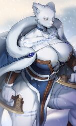Rule 34 | 1girl, absurdres, bare shoulders, blue choker, body fur, breasts, choker, cleavage, collarbone, furry, furry female, highres, holding, holding weapon, large breasts, looking at viewer, original, short hair, solo, suurin (ksyaro), thick thighs, thighs, weapon, white fur, yellow eyes