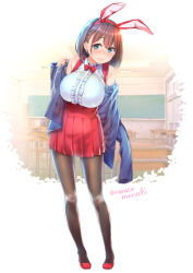 Rule 34 | 1girl, ai-chan (tawawa), animal ears, black pantyhose, blue eyes, blush, bow, bowtie, breasts, brown hair, commentary request, getsuyoubi no tawawa, hairband, large breasts, looking at viewer, nanase meruchi, pantyhose, rabbit ears, red bow, red bowtie, red hairband, red skirt, short hair, skirt, smile, solo, underbust