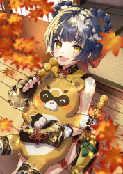 1girl :d ^_^ absurdres animal autumn_leaves back_bow bare_shoulders bell blue_hair blurry bow bow-shaped_hair braid brooch brown_gloves china_dress chinese_clothes closed_eyes dango dappled_sunlight depth_of_field dress falling_leaves fingerless_gloves food genshin_impact gloves gold_trim guoba_(genshin_impact) hair_bow hair_ornament hairclip highres holding holding_animal holding_food jewelry jingle_bell leaf looking_at_viewer maple_leaf on_floor open_mouth outdoors red_bow short_dress shouji sidelocks sitting sleeveless sleeveless_dress sliding_doors smile sunlight tassel tatami thick_eyebrows thigh_strap wagashi wanatsu_15 wooden_floor xiangling_(genshin_impact) yellow_dress yellow_eyes