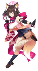 Rule 34 | 1girl, absurdres, animal ear fluff, animal ears, blue archive, blush, breasts, brown hair, eyeshadow, fox ears, fox girl, fox hair ornament, fox tail, halo, highres, izuna (blue archive), looking at viewer, makeup, medium breasts, pink eyeshadow, pink scarf, scarf, short hair, smile, solo, sylph kim, tail, yellow eyes