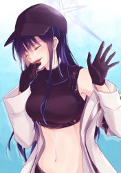 Rule 34 | 1girl, :d, bare shoulders, baseball cap, black gloves, black hat, blue archive, blue background, blue hair, breasts, closed eyes, commentary request, crop top, gloves, hands up, hat, highres, jacket, large breasts, long hair, long sleeves, looking at viewer, midriff, navel, off shoulder, open clothes, open jacket, open mouth, saori (blue archive), smile, solo, stomach, tsurara ishi, upper body, very long hair, white jacket