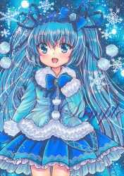 Rule 34 | 1girl, :d, bad id, bad pixiv id, blue background, blue bow, blue bowtie, blue brooch, blue eyes, blue gloves, blue hair, blue hairband, blue ribbon, blue skirt, blue theme, blush, bow, bowtie, brooch, cowboy shot, frilled hairband, frilled skirt, frills, fur-trimmed jacket, fur-trimmed sleeves, fur trim, gloves, hair between eyes, hair ribbon, hairband, hatsune miku, jacket, jewelry, long hair, long sleeves, looking at viewer, marker (medium), open mouth, pom pom (clothes), ribbon, rui (sugar3), sample watermark, skirt, smile, solo, touhou, traditional media, very long hair, watermark, yuki miku, yuki miku (2012)