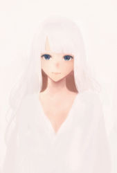 Rule 34 | 1girl, blue eyes, blunt bangs, breasts, cleavage, closed mouth, dress, grey background, long hair, looking at viewer, original, sakimori (hououbds), simple background, solo, upper body, white dress, white hair
