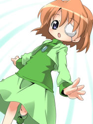 Rule 34 | 00s, 1girl, :o, blush, brooch, closed eyes, dress, eyepatch, gem, green dress, izuno kenta, jewelry, laguna granscenic, long sleeves, looking at viewer, lyrical nanoha, mahou shoujo lyrical nanoha, mahou shoujo lyrical nanoha strikers, parted lips, simple background, solo, white background