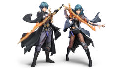 Rule 34 | 1boy, 1girl, arm guards, black footwear, black gloves, boots, byleth (female) (fire emblem), byleth (fire emblem), byleth (male) (fire emblem), dagger, dual persona, fire emblem, fire emblem: three houses, flaming sword, flaming weapon, gloves, green hair, highres, knee brace, knife, pantyhose under shorts, looking at viewer, midriff, navel, nintendo, official art, open hand, pantyhose, patterned clothing, serious, sheath, sheathed, short hair, shorts, simple background, standing, stomach, super smash bros., sword, sword of the creator, weapon, white background