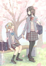 Rule 34 | 2girls, bench, betock, black hair, blonde hair, cherry blossoms, highres, holding another&#039;s wrist, long hair, looking at another, miniskirt, multiple girls, original, outdoors, pantyhose, profile, school uniform, sitting, skirt, standing, twintails, yuri