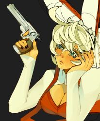 Rule 34 | 1girl, ahoge, alternate costume, animal ears, aqua eyes, black nails, borcheim, breasts, cleavage, cleavage cutout, clothing cutout, elphelt valentine, guilty gear, guilty gear xrd, gun, hairband, handgun, holding, holding gun, holding weapon, huge ahoge, large breasts, long sleeves, looking to the side, mole, mole under eye, revolver, short hair, spiked hairband, spikes, upper body, weapon, white hair