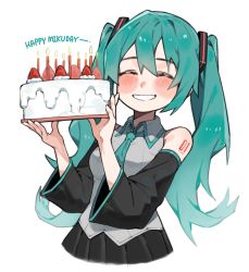 Rule 34 | 1girl, aqua hair, aqua necktie, bad id, bad twitter id, bare shoulders, birthday cake, black skirt, blush, breasts, cake, candle, closed eyes, collared shirt, cropped legs, detached sleeves, english text, flipped hair, food, fruit, grey shirt, grin, hair between eyes, hair ornament, hatsune miku, highres, holding, holding cake, holding food, long hair, medium breasts, necktie, neon trim, open mouth, pleated skirt, shirt, shoulder tattoo, sidelocks, simple background, skirt, sleeveless, smile, solo, strawberry, tattoo, twintails, useq1067, very long hair, vocaloid, white background